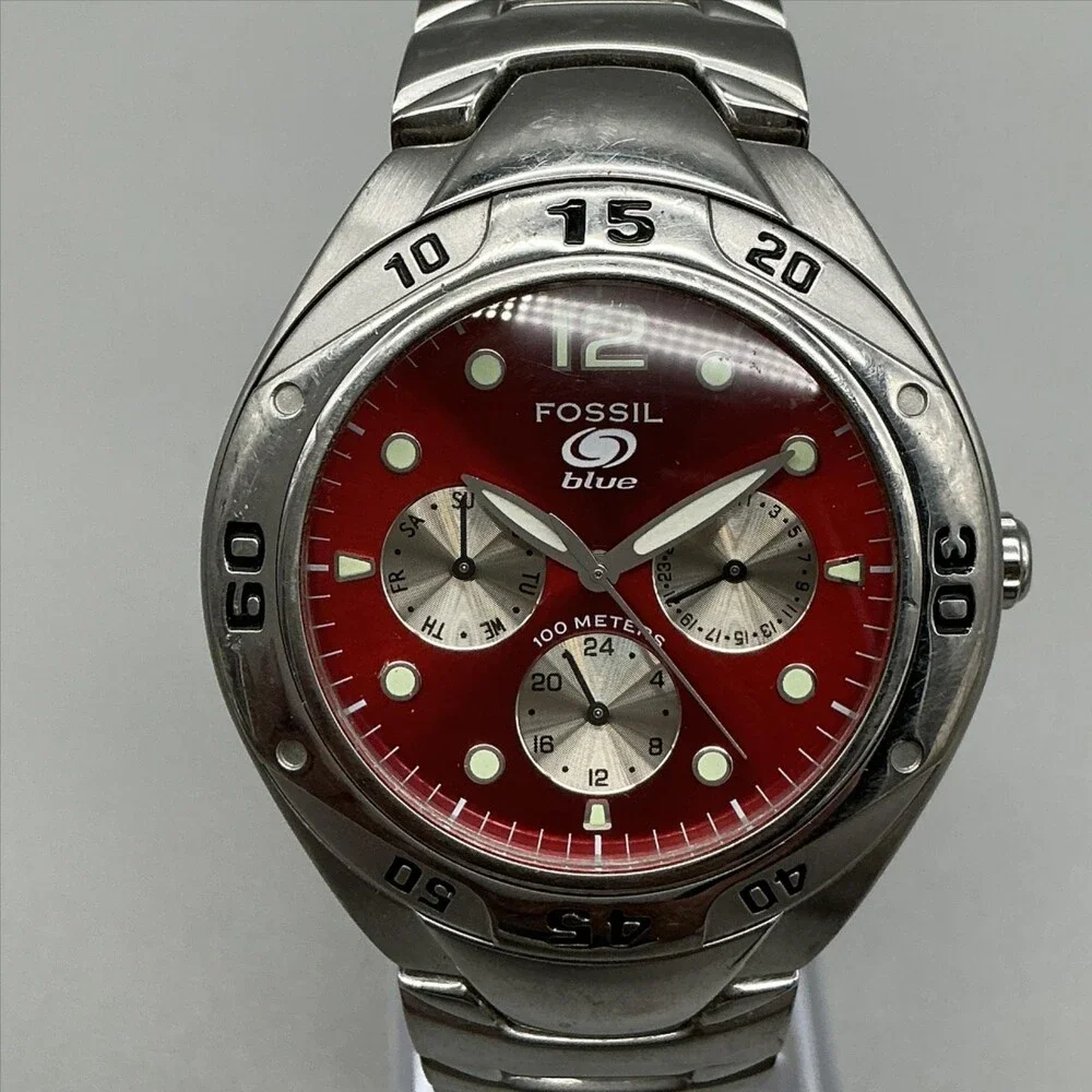 Fossil Blue Mens Watch 39mm Red Dial Stainless Steel Diver 100M New Battery 7